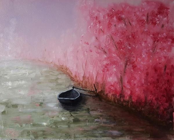 Barque aux arbres roses